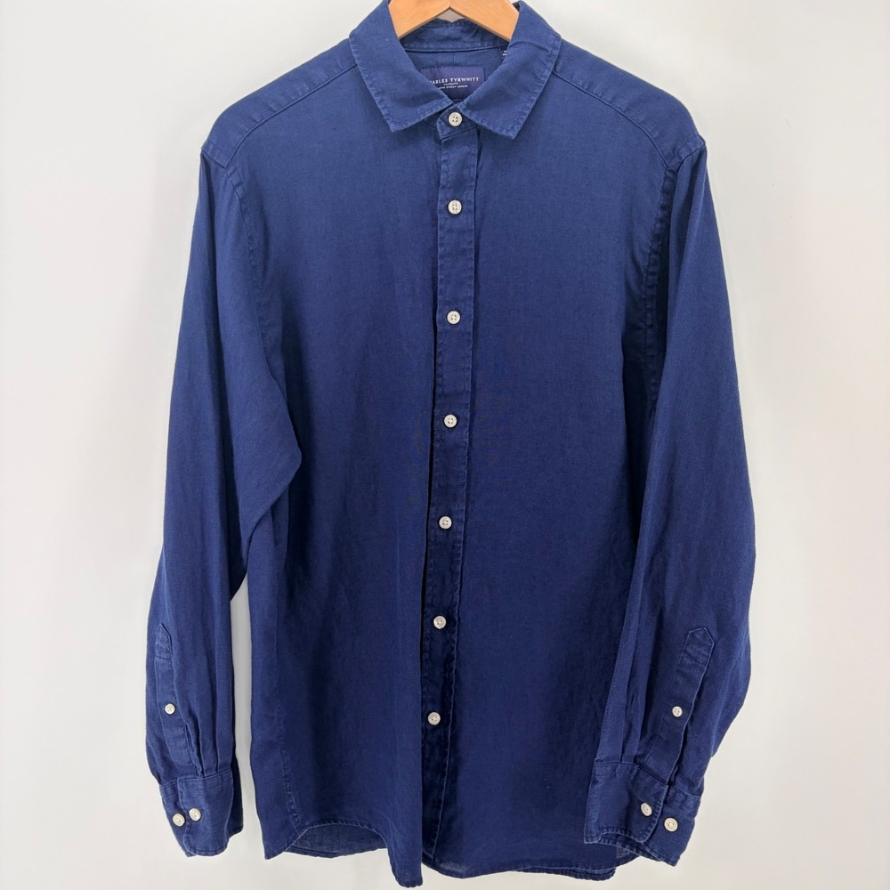 Charles Tyrwhitt Linen Shirt Classic Fit Button Up Resort Vacation Coastal Blue